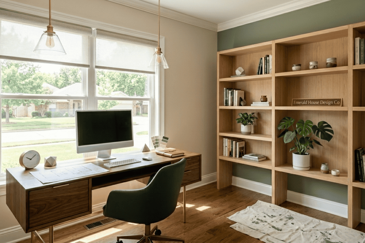 Home office with a wooden desk by large windows, using a desktop computer and a black ergonomic chair.