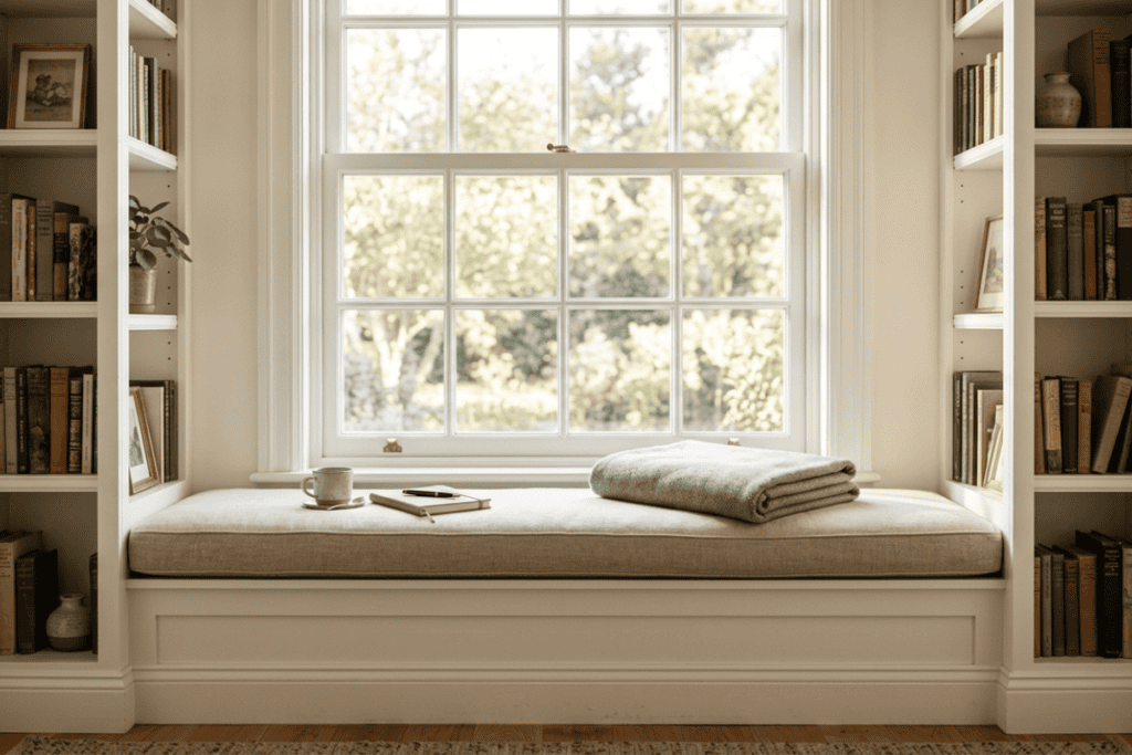 Cozy window seat with a beige cushion, folded gray blanket, mug, notebook, and pen, flanked by white bookshelves and sunlight from the window.