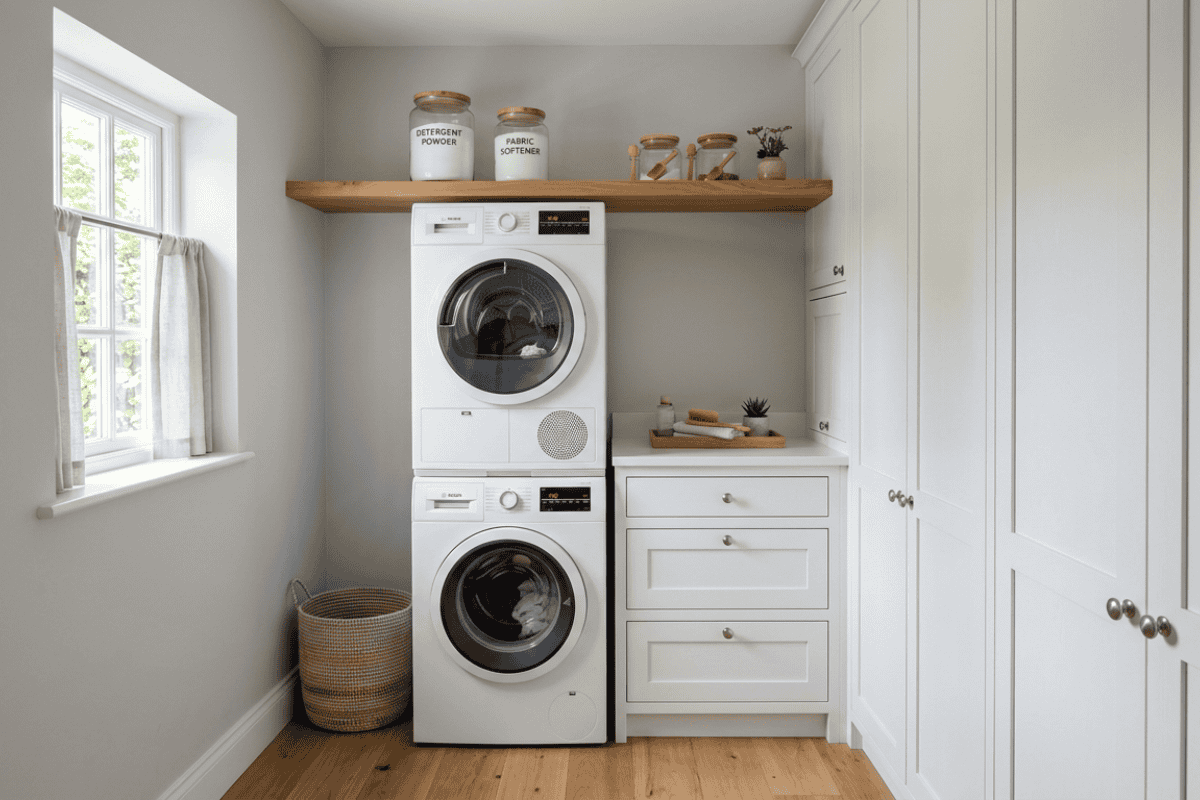 Laundry room with stacked washing machine and dryer beneath a wooden shelf, surrounded by white cabinets and a wicker basket on the floor.