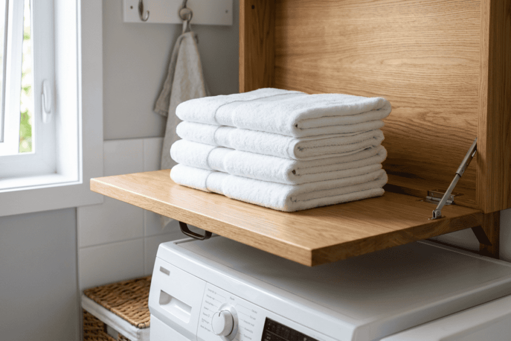 maximize-storage-small-laundry-room-broken-arrow-oklahoma - Bathroom Remodel | Emerald House Design Co. | Broken Arrow, OK Stack of folded white towels on a wooden shelf above a washing machine in a laundry room