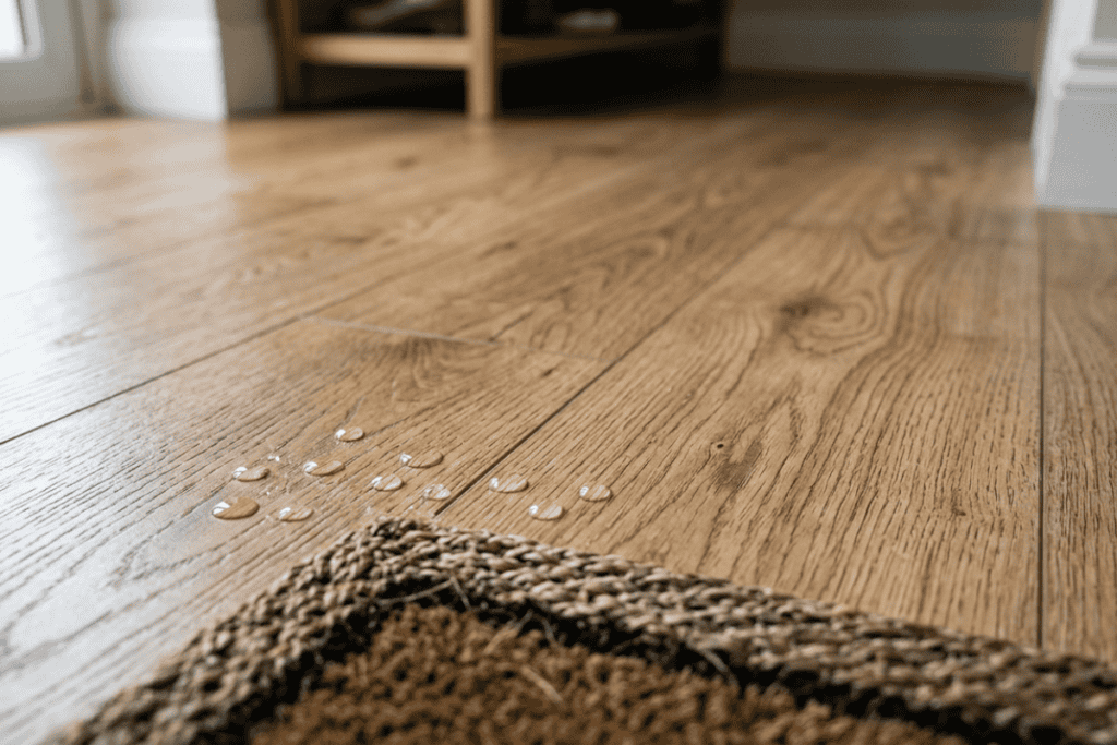 Close-up of waterproof luxury vinyl plank flooring in a mudroom, showcasing a realistic oak wood grain texture with water droplets beading on the surface near a doormat.