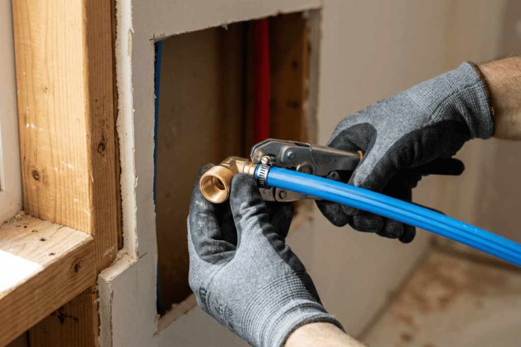 Gloved hands using a compression tool to attach a brass fitting to a blue PEX water pipe.