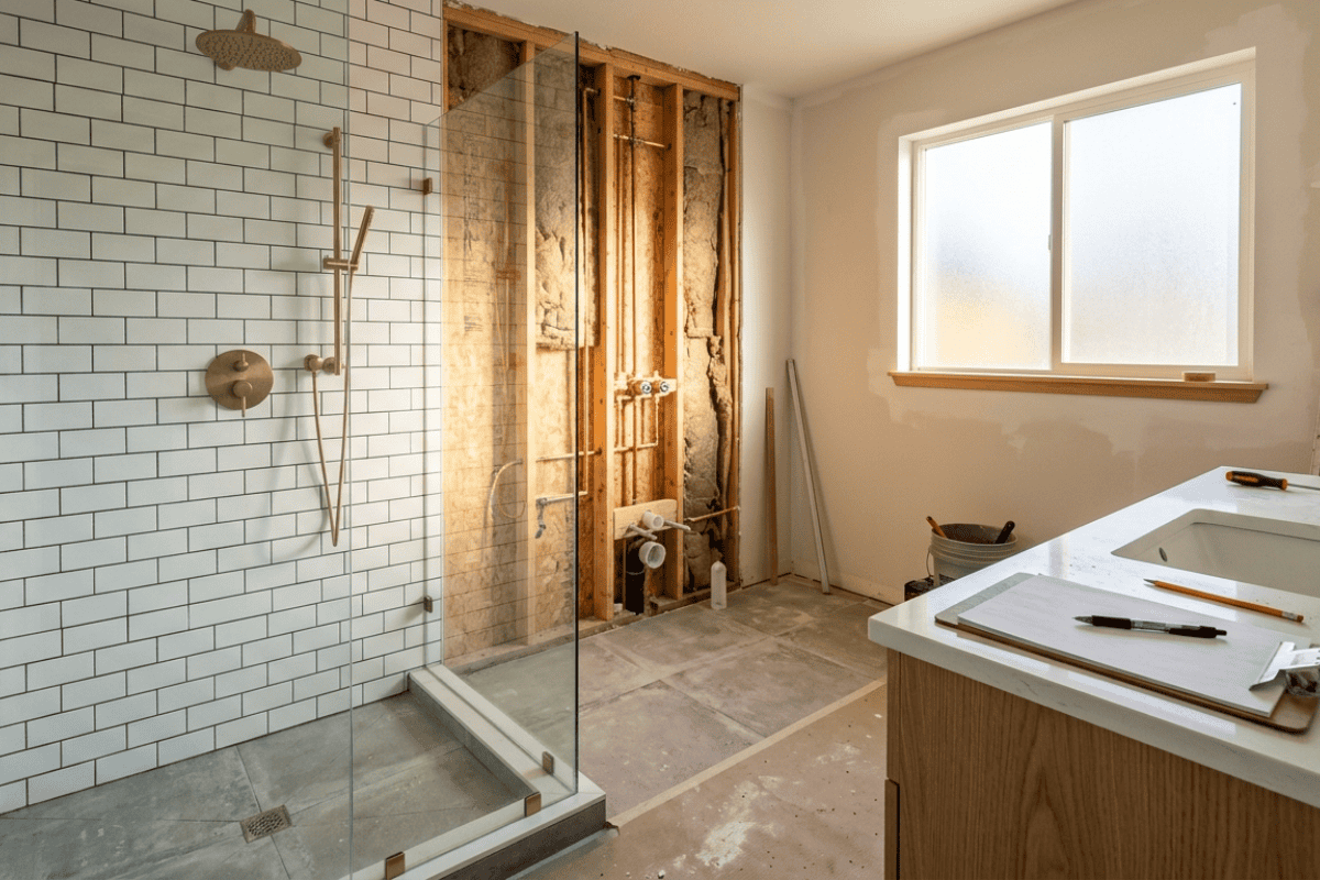 Bathroom in renovation: glass shower enclosure, white subway tile, exposed stud wall, window, and a vanity/work area with tools nearby.