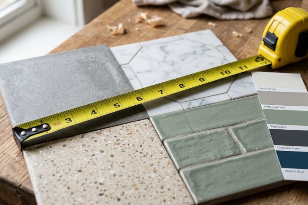 Tape measure and tile samples laid out for small bathroom remodel budget planning