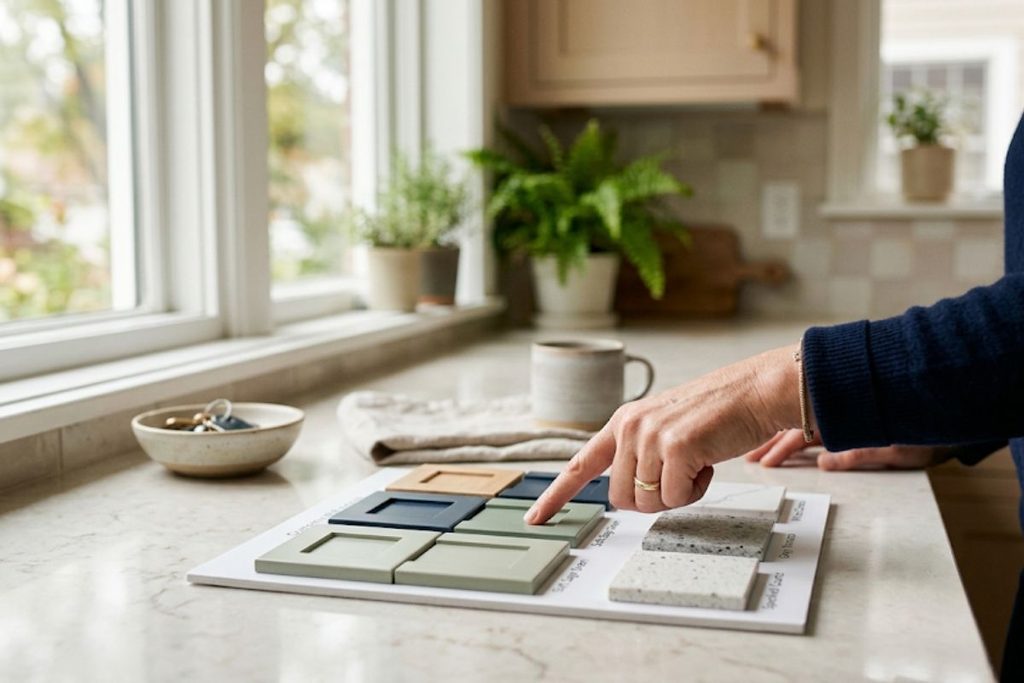 Homeowner comparing cabinet and countertop samples during a kitchen remodel budget consultation