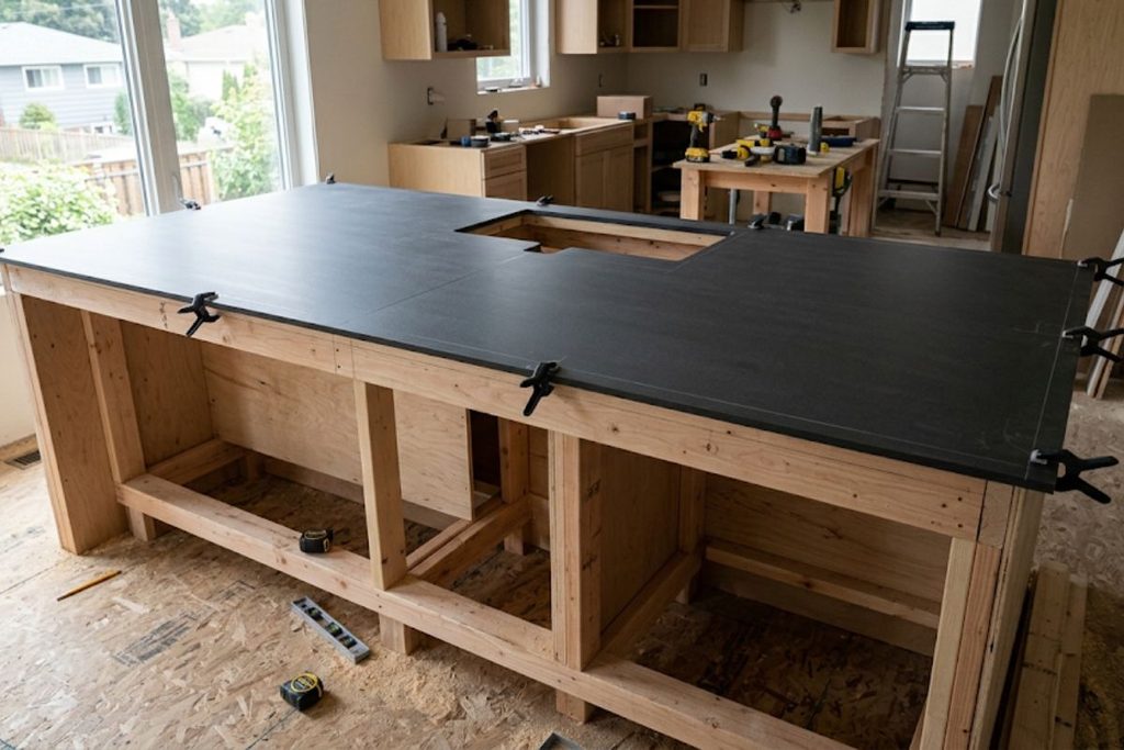 Countertop fabricator's template being fitted to a kitchen island during remodel timeline