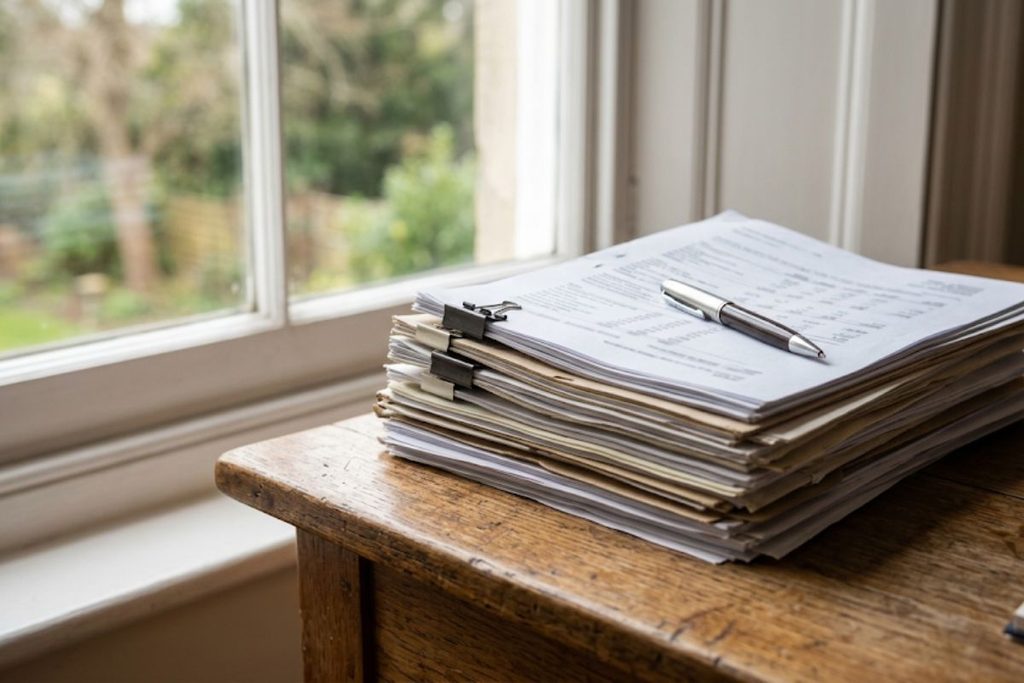Stack of home renovation financing documents and pen on a desk